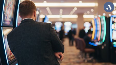 Лудоман, нуждающийся в реабилитации игроков, стоит в казино и смотрит на игровые автоматы