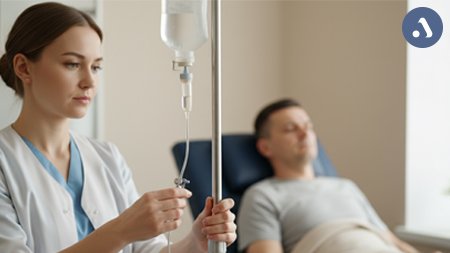 Медсестра ставит капельницу пациенту в рамках реабилитации зависимых от алкоголя в клинике «Авиценна»