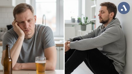Схема: мужчина распивает пиво на кухне, отчего испытывает психологические проблемы