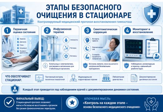 Этапы безопасного очищения в условиях стационара инфографика