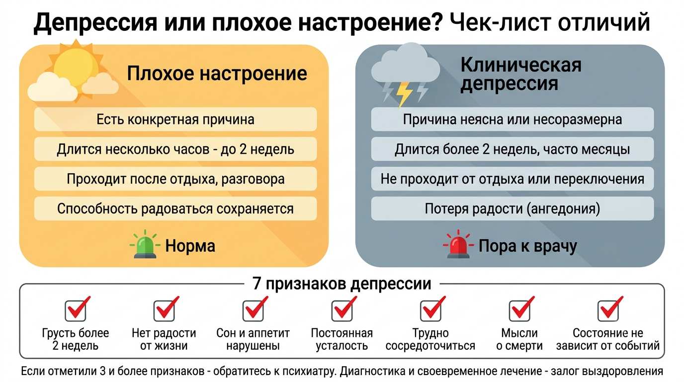 Инфографика с чек-листом отличий клинической депрессии от плохого настроения и 7 ключевыми симптомами