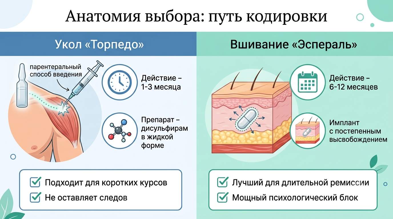 Медицинская инфографика, сравнивающая методы кодирования от алкоголизма: укол препарата «Торпедо» и подкожное вшивание капсулы «Эспераль»