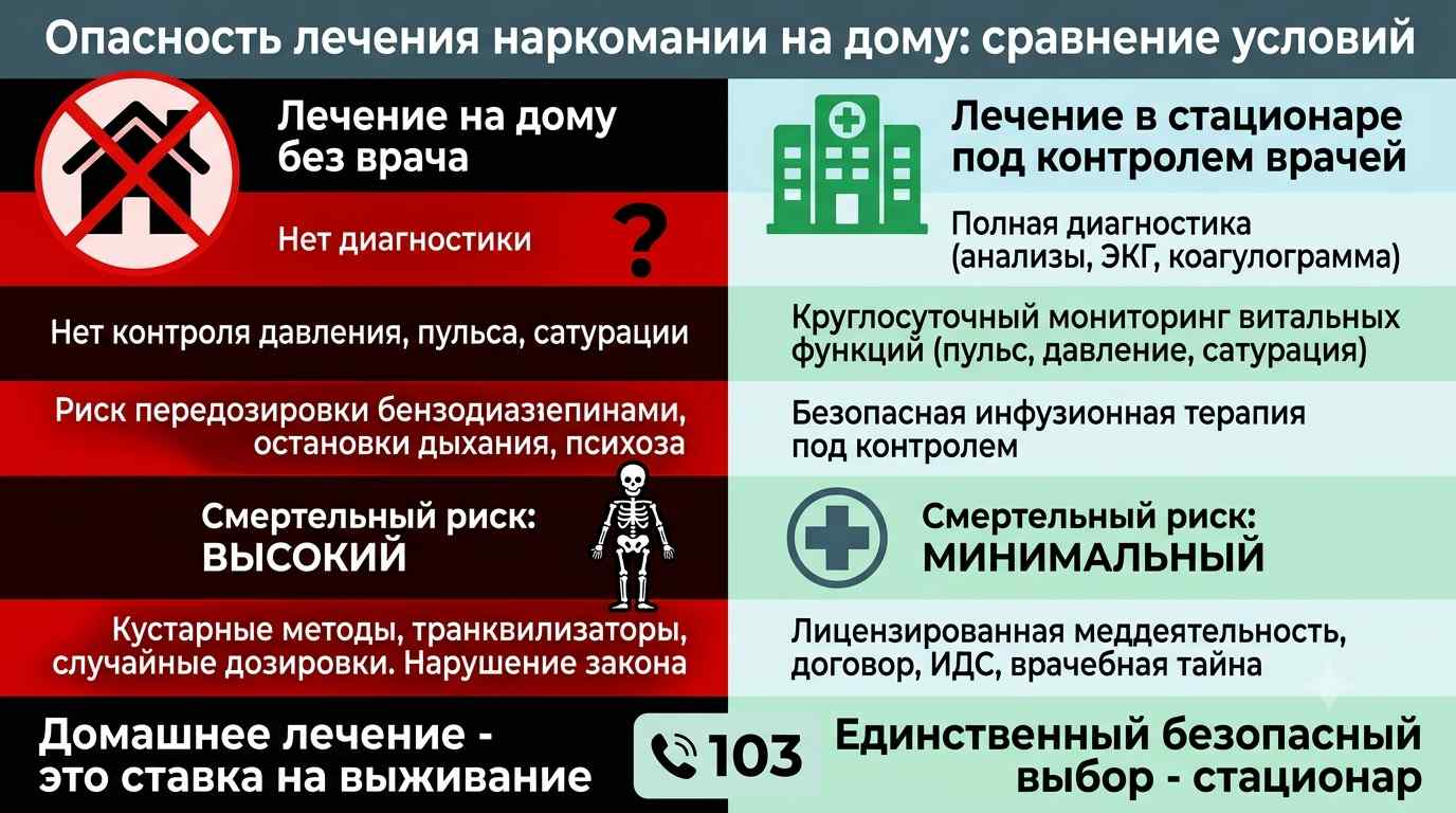 Сравнительная инфографика об опасностях самостоятельного лечения наркомании на дому в отличие от контроля врачей в стационаре